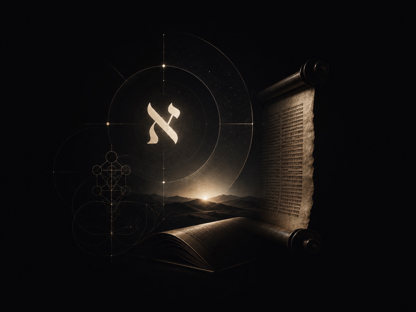 A glowing Hebrew aleph beside an ancient scroll, overlaid with sacred geometry, above a sunrise breaking over mountains
